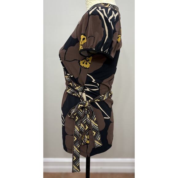 BCBG Y2K Vintage Womens Top Size Medium V Neck Brown Black Short Slv Faux Wrap - Picture 2 of 10